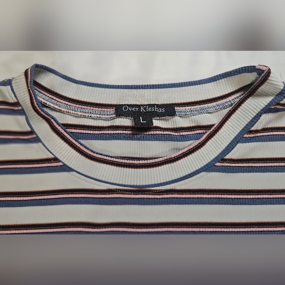 Over Kleshas Womens Off White Multicolored Striped Short Sleeve Top Size Large - Picture 3 of 9